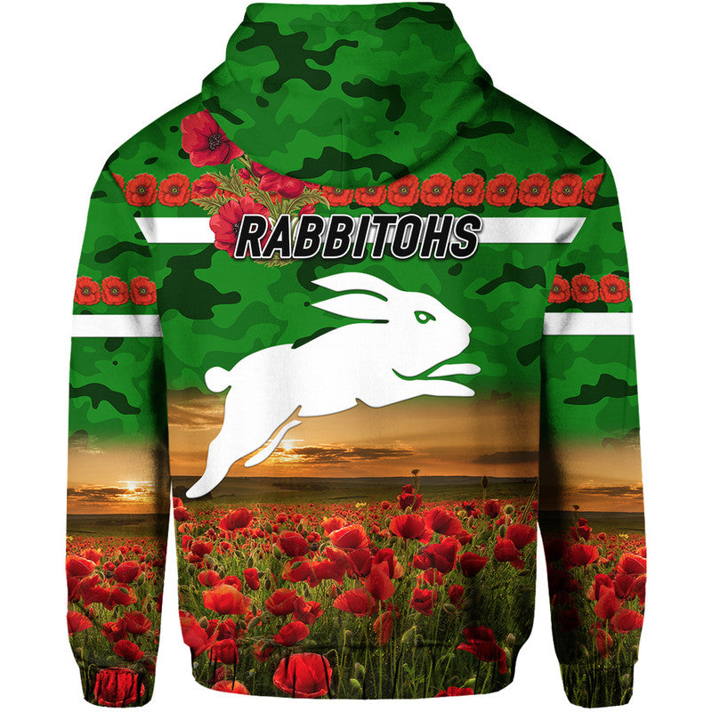 South Sydney Rabbitohs ANZAC 2022 Zip Up And Pullover Hoodie Poppy Flowers Vibes - Green LT8