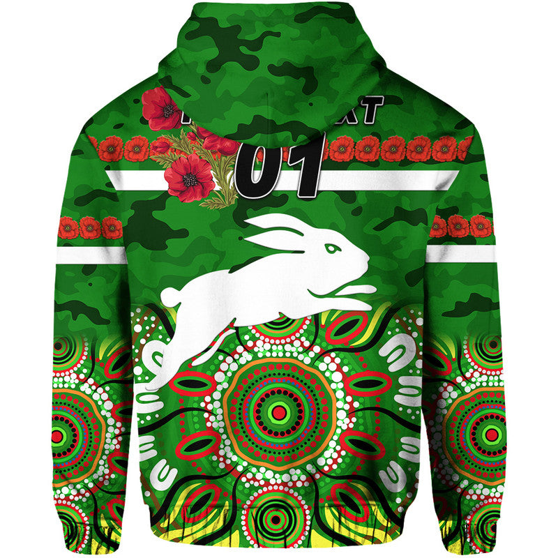 (Custom Personalised) South Sydney Rabbitohs ANZAC 2022 Zip Up And Pullover Hoodie Indigenous Vibes - Green LT8