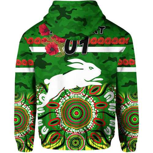 (Custom Personalised) South Sydney Rabbitohs ANZAC 2022 Zip Up And Pullover Hoodie Indigenous Vibes - Green LT8