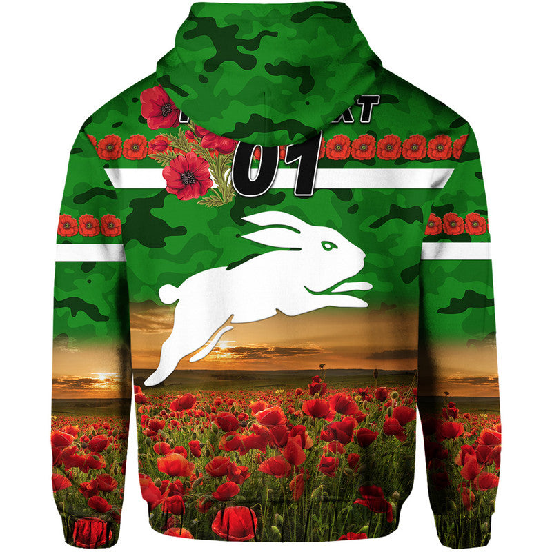 (Custom Personalised) South Sydney Rabbitohs ANZAC 2022 Zip Up And Pullover Hoodie Poppy Flowers Vibes - Green LT8