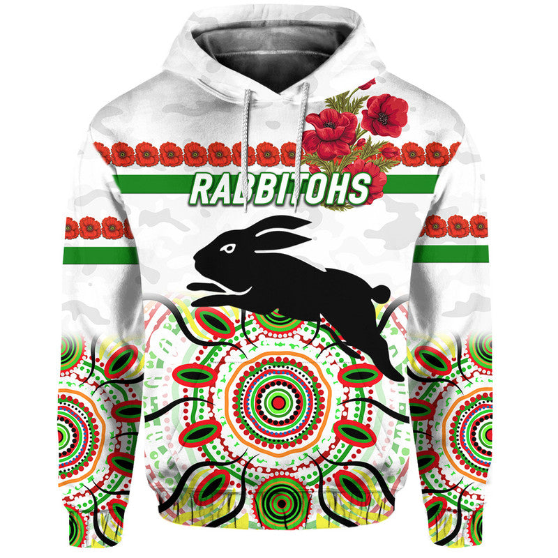 (Custom Personalised) South Sydney Rabbitohs ANZAC 2022 Zip Up And Pullover Hoodie Indigenous Vibes - White LT8