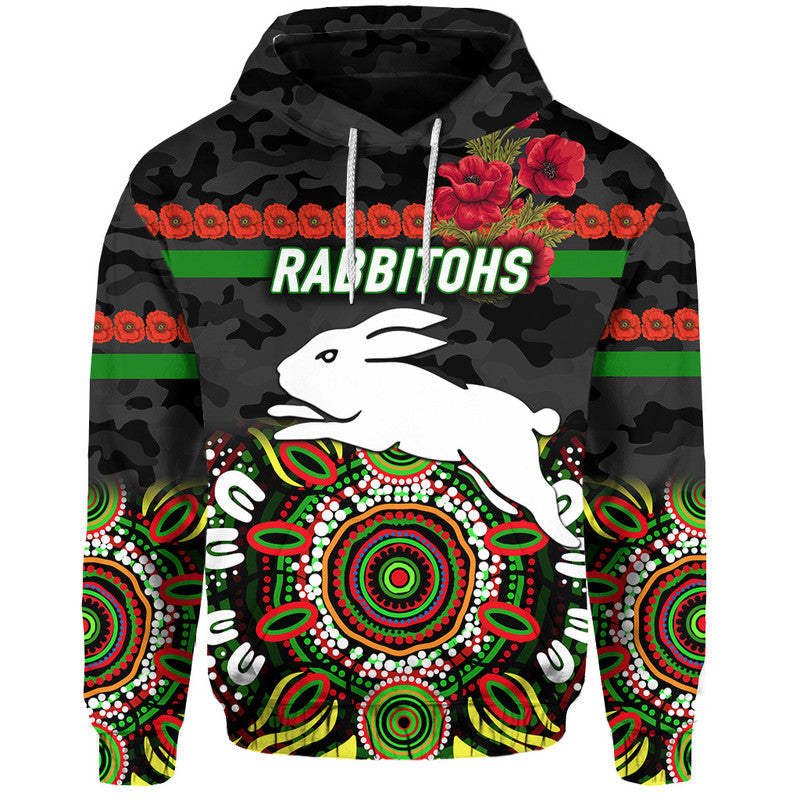 (Custom Personalised) South Sydney Rabbitohs ANZAC 2022 Zip Up And Pullover Hoodie Indigenous Vibes - Black LT8