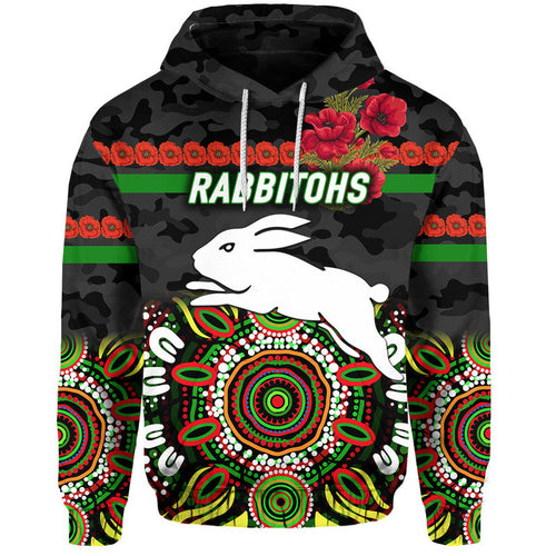 (Custom Personalised) South Sydney Rabbitohs ANZAC 2022 Zip Up And Pullover Hoodie Indigenous Vibes - Black LT8