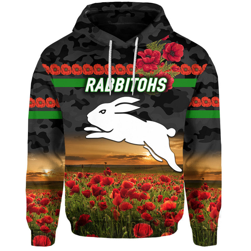 (Custom Personalised) South Sydney Rabbitohs ANZAC 2022 Zip Up And Pullover Hoodie Poppy Flowers Vibes - Black LT8