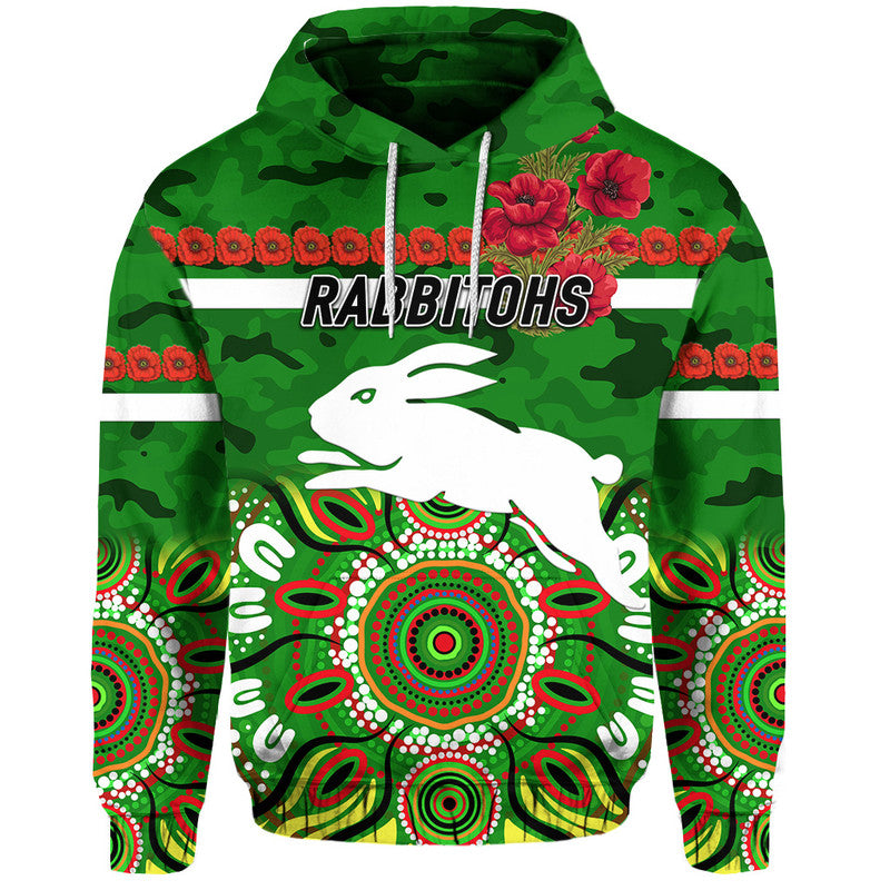 (Custom Personalised) South Sydney Rabbitohs ANZAC 2022 Zip Up And Pullover Hoodie Indigenous Vibes - Green LT8