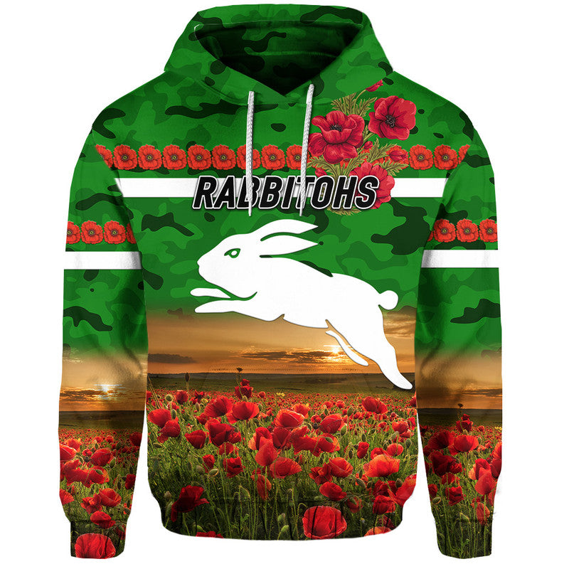 (Custom Personalised) South Sydney Rabbitohs ANZAC 2022 Zip Up And Pullover Hoodie Poppy Flowers Vibes - Green LT8