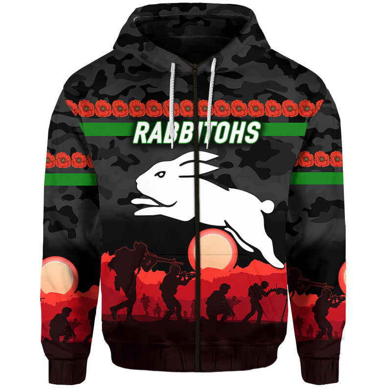 (Custom Personalised) South Sydney Rabbitohs ANZAC 2022 Zip Up And Pullover Hoodie Simple Style - Black LT8