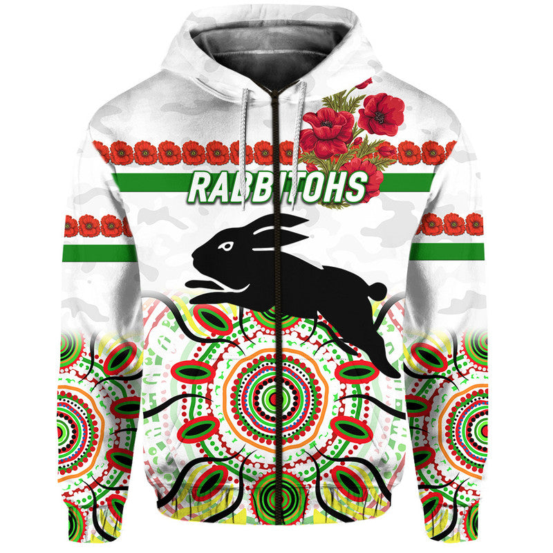 (Custom Personalised) South Sydney Rabbitohs ANZAC 2022 Zip Up And Pullover Hoodie Indigenous Vibes - White LT8