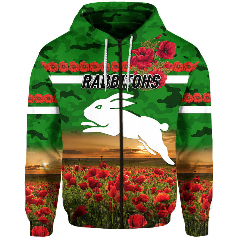 (Custom Personalised) South Sydney Rabbitohs ANZAC 2022 Zip Up And Pullover Hoodie Poppy Flowers Vibes - Green LT8