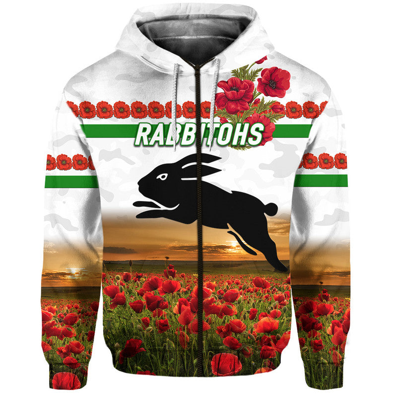 (Custom Personalised) South Sydney Rabbitohs ANZAC 2022 Zip Up And Pullover Hoodie Poppy Flowers Vibes - White LT8