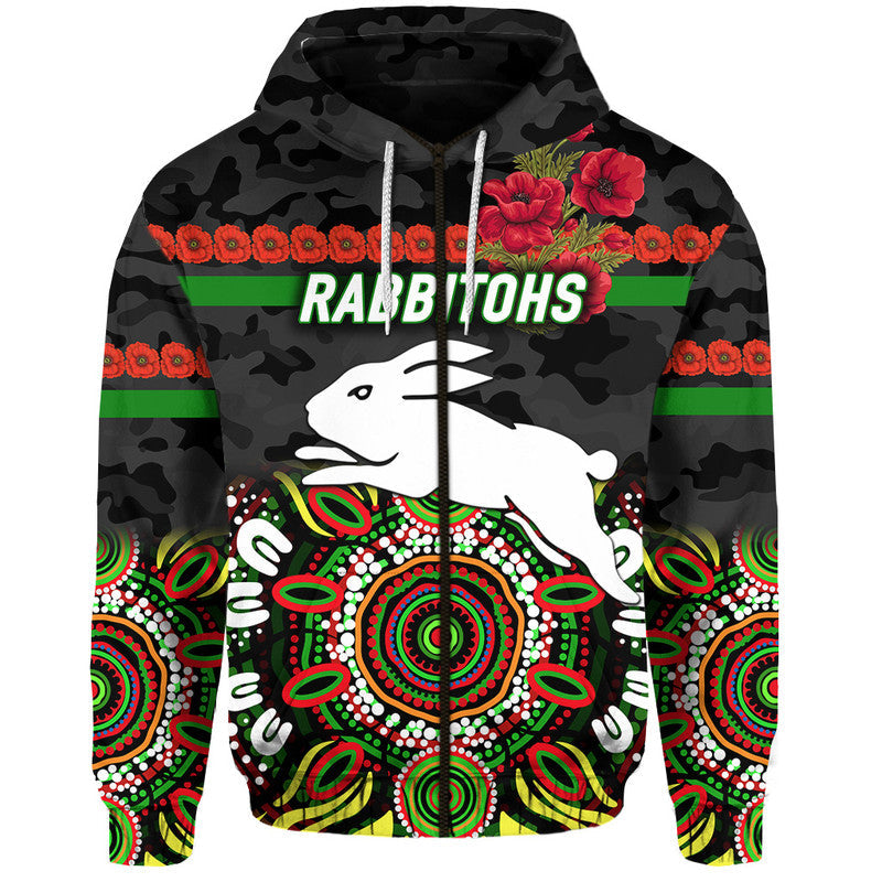 (Custom Personalised) South Sydney Rabbitohs ANZAC 2022 Zip Up And Pullover Hoodie Indigenous Vibes - Black LT8