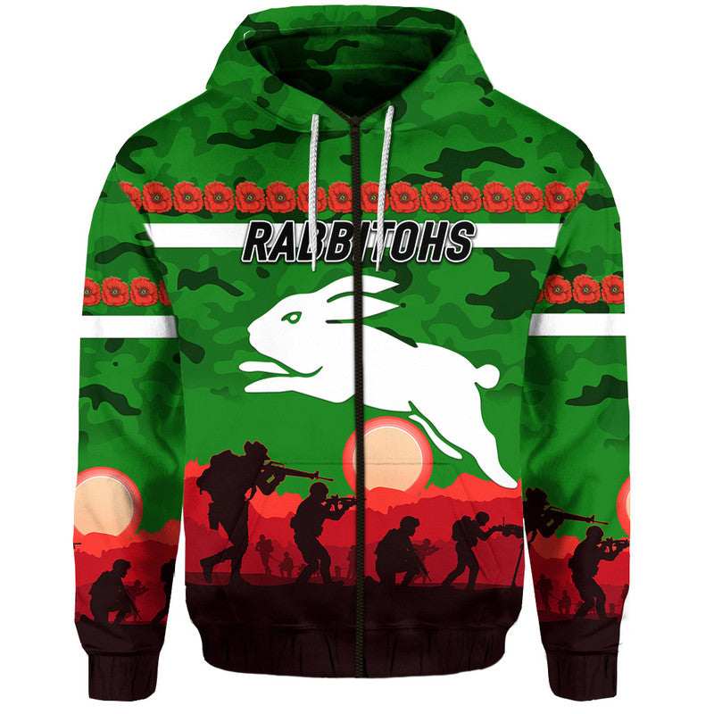 (Custom Personalised) South Sydney Rabbitohs ANZAC 2022 Zip Up And Pullover Hoodie Simple Style - Green LT8