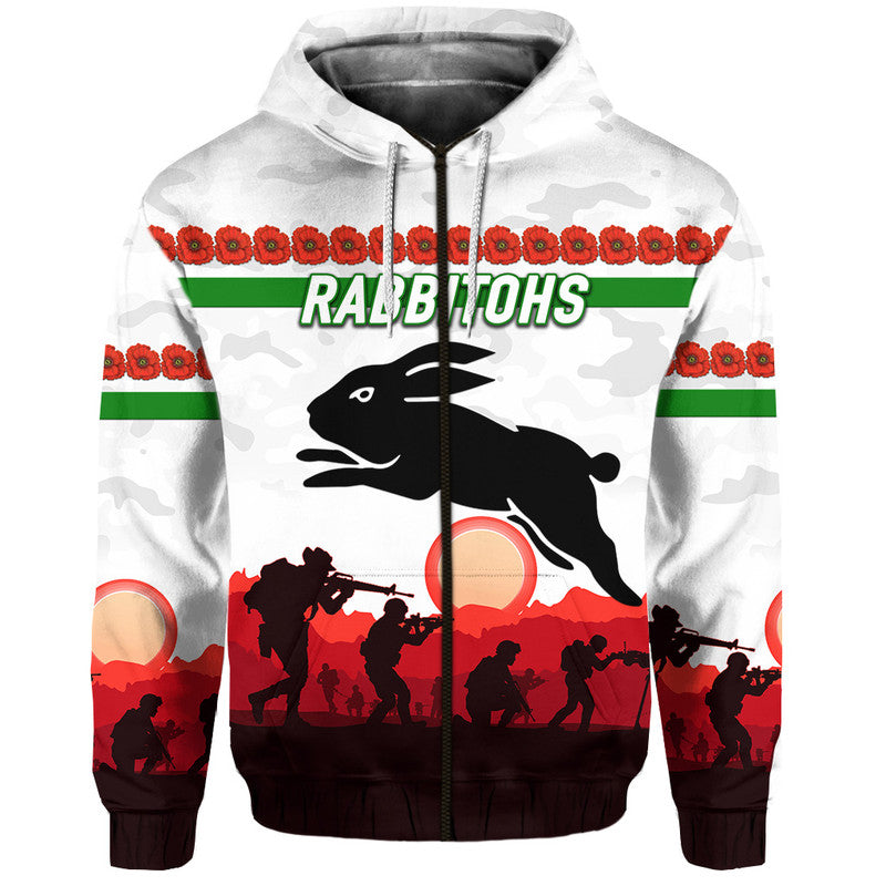 (Custom Personalised) South Sydney Rabbitohs ANZAC 2022 Zip Up And Pullover Hoodie Simple Style - White LT8