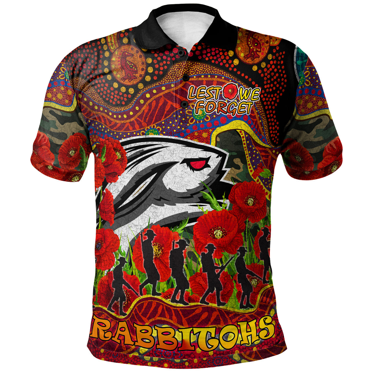 rabbitohs-rugby-aboriginal-anzac-day-custom-polo-shirt-lest-we-forget-rabbitohs-with-poppy-flower