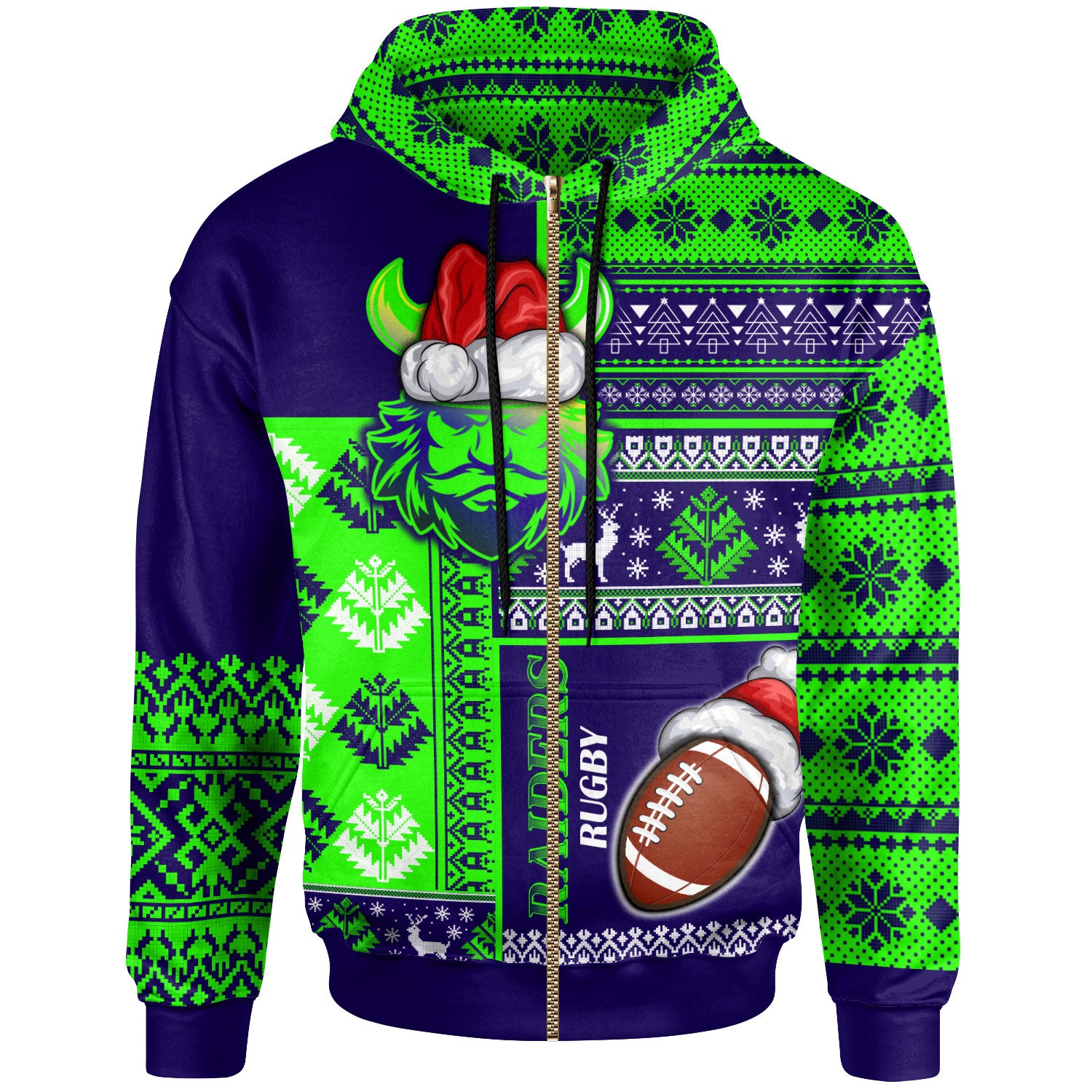 raiders-rugby-hoodie-custom-christmas-snowflakes-warriors-mascot-hoodie