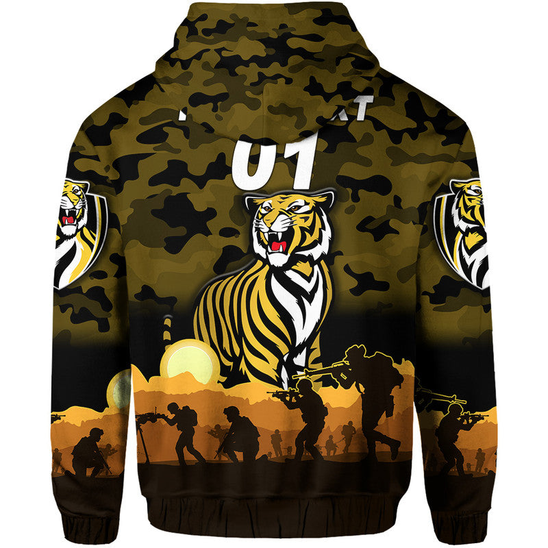 (Custom Personalised) Richmond Tigers ANZAC Zip Up And Pullover Hoodie Simple Style - Black LT8