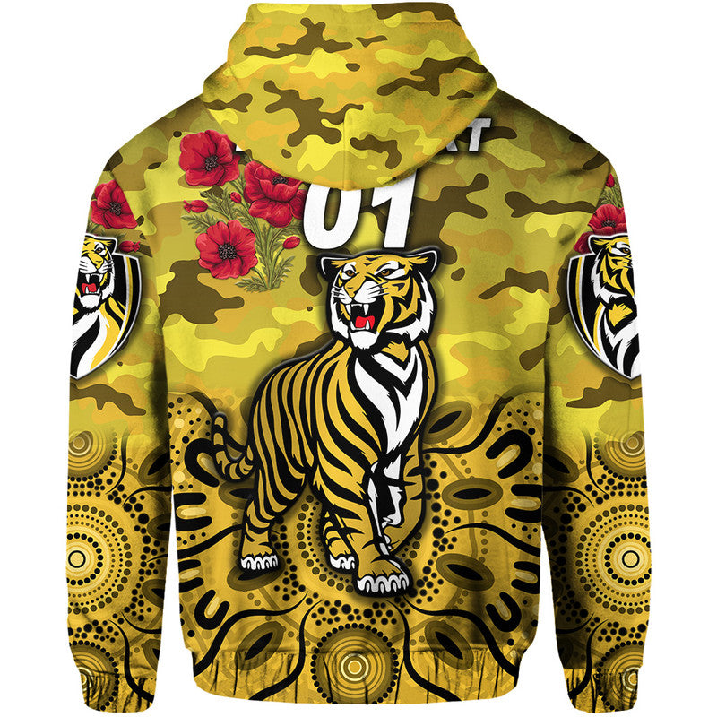 (Custom Personalised) Richmond Tigers ANZAC Zip Up And Pullover Hoodie Indigenous Vibes - Yellow LT8