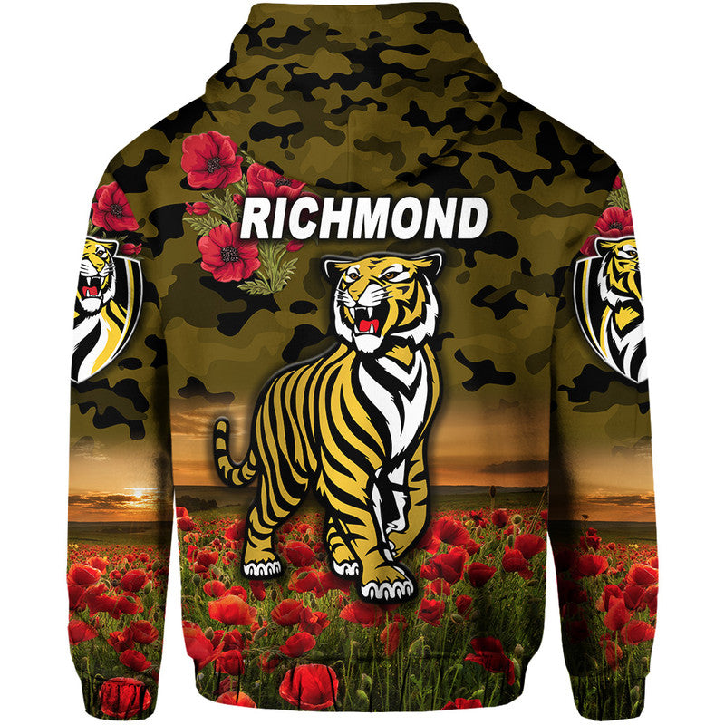 Richmond Tigers ANZAC Zip Up And Pullover Hoodie Poppy Vibes - Black LT8