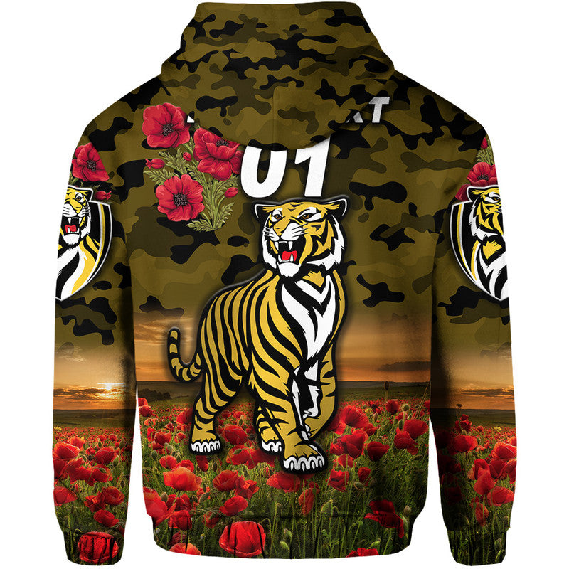(Custom Personalised) Richmond Tigers ANZAC Zip Up And Pullover Hoodie Poppy Vibes - Black LT8