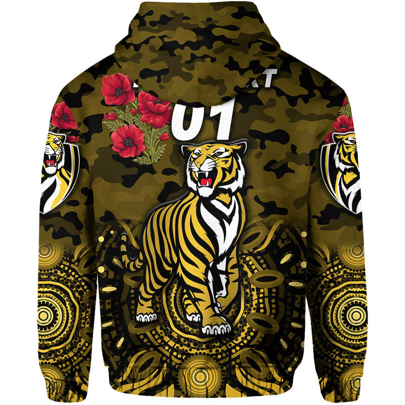 (Custom Personalised) Richmond Tigers ANZAC Zip Up And Pullover Hoodie Indigenous Vibes - Black LT8
