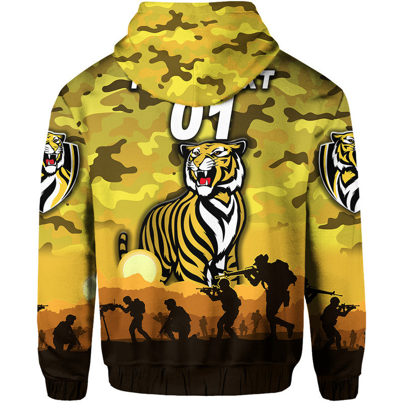 (Custom Personalised) Richmond Tigers ANZAC Zip Up And Pullover Hoodie Simple Style - Yellow LT8