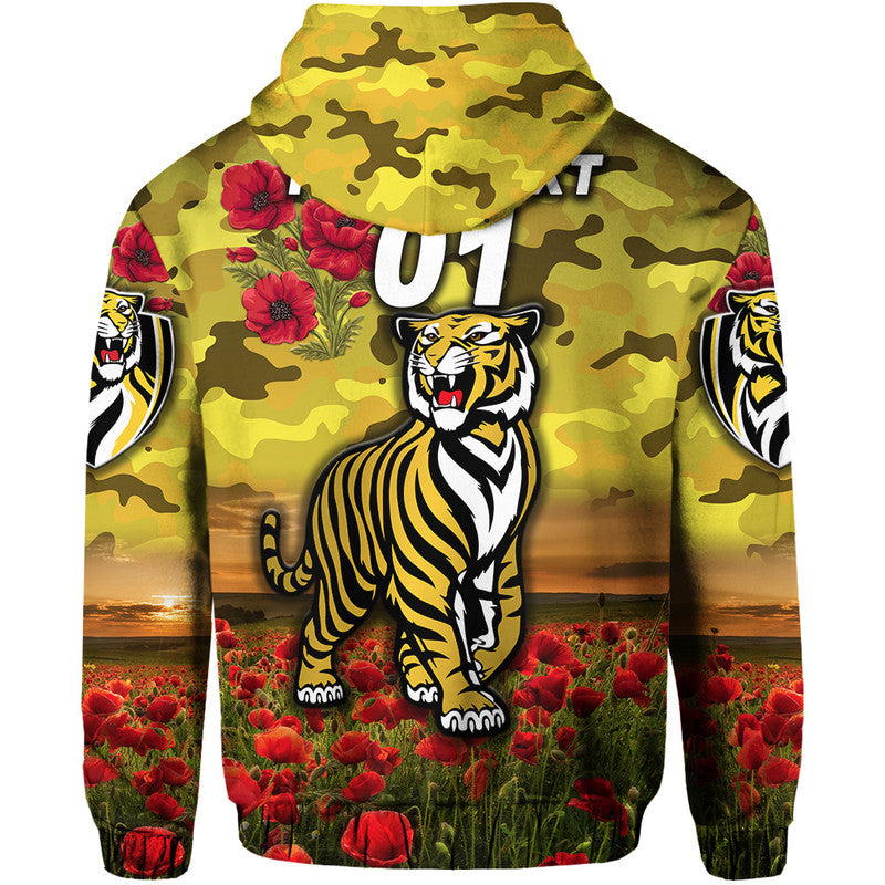 (Custom Personalised) Richmond Tigers ANZAC Zip Up And Pullover Hoodie Poppy Vibes - Yellow LT8