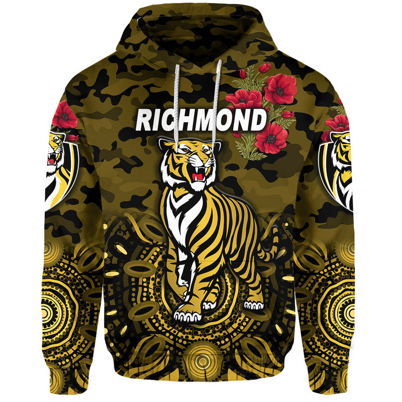 (Custom Personalised) Richmond Tigers ANZAC Zip Up And Pullover Hoodie Indigenous Vibes - Black LT8