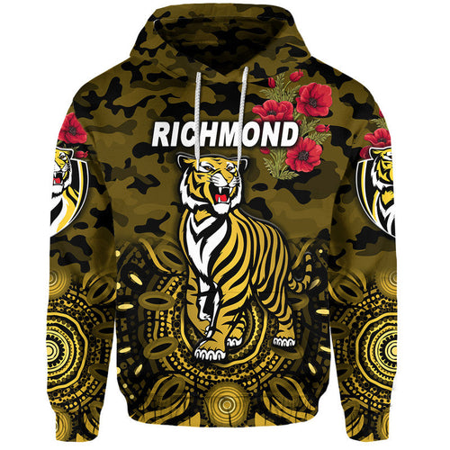 (Custom Personalised) Richmond Tigers ANZAC Zip Up And Pullover Hoodie Indigenous Vibes - Black LT8