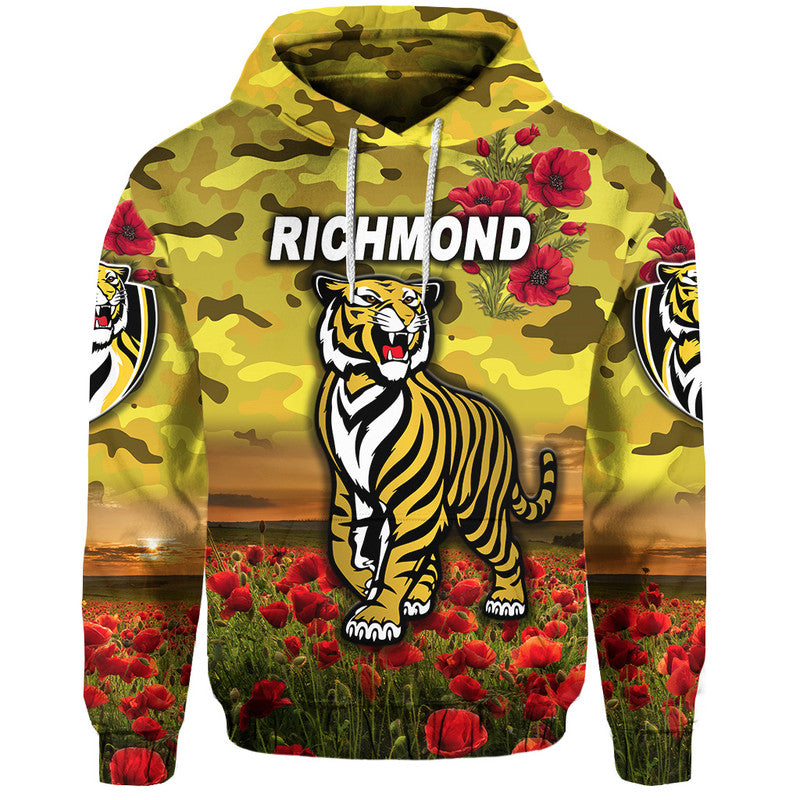 (Custom Personalised) Richmond Tigers ANZAC Zip Up And Pullover Hoodie Poppy Vibes - Yellow LT8