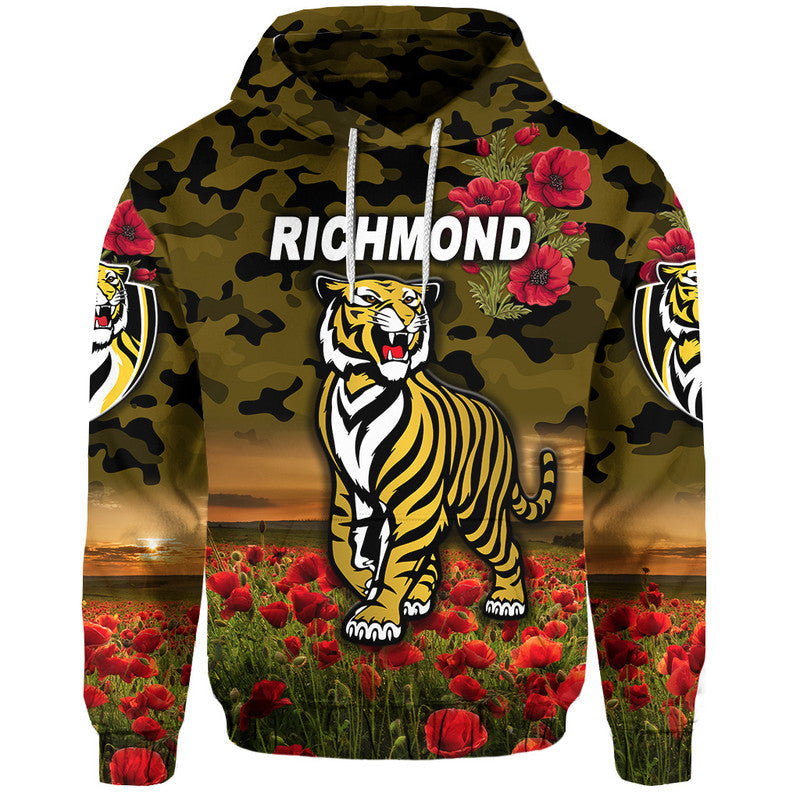 (Custom Personalised) Richmond Tigers ANZAC Zip Up And Pullover Hoodie Poppy Vibes - Black LT8