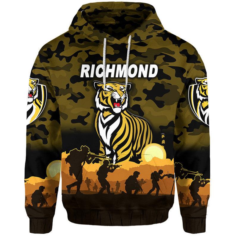(Custom Personalised) Richmond Tigers ANZAC Zip Up And Pullover Hoodie Simple Style - Black LT8