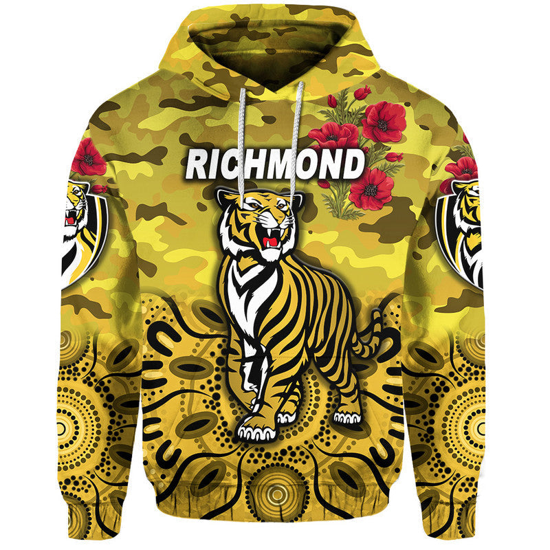 (Custom Personalised) Richmond Tigers ANZAC Zip Up And Pullover Hoodie Indigenous Vibes - Yellow LT8
