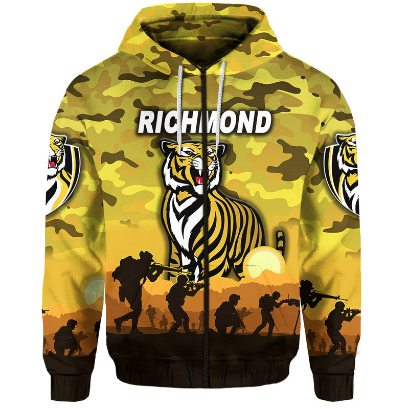(Custom Personalised) Richmond Tigers ANZAC Zip Up And Pullover Hoodie Simple Style - Yellow LT8