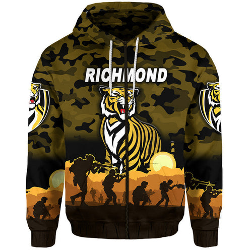 (Custom Personalised) Richmond Tigers ANZAC Zip Up And Pullover Hoodie Simple Style - Black LT8