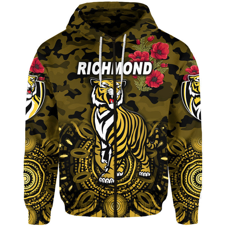 (Custom Personalised) Richmond Tigers ANZAC Zip Up And Pullover Hoodie Indigenous Vibes - Black LT8
