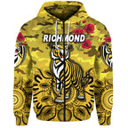 (Custom Personalised) Richmond Tigers ANZAC Zip Up And Pullover Hoodie Indigenous Vibes - Yellow LT8