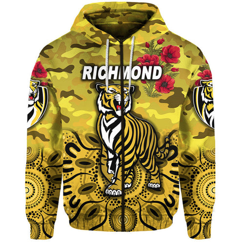 (Custom Personalised) Richmond Tigers ANZAC Zip Up And Pullover Hoodie Indigenous Vibes - Yellow LT8