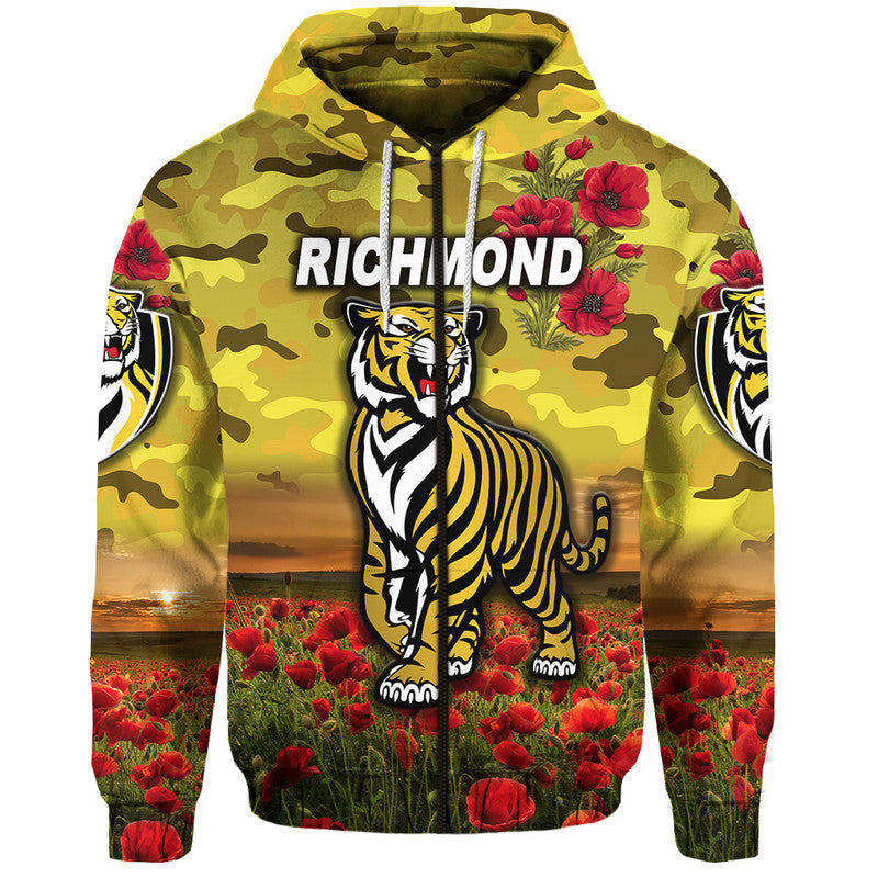 (Custom Personalised) Richmond Tigers ANZAC Zip Up And Pullover Hoodie Poppy Vibes - Yellow LT8