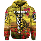 (Custom Personalised) Richmond Tigers ANZAC Zip Up And Pullover Hoodie Poppy Vibes - Yellow LT8