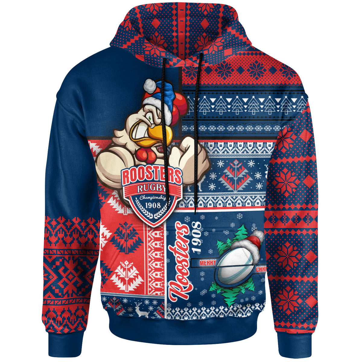roosters-rugby-hoodie-custom-christmas-snowflakes-roosters-mascot-hoodie