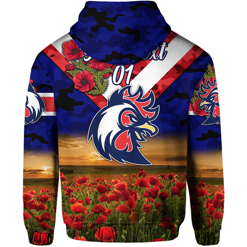 (Custom Personalised) Sydney Roosters ANZAC 2022 Zip Up And Pullover Hoodie Poppy Flowers Vibes - Blue LT8