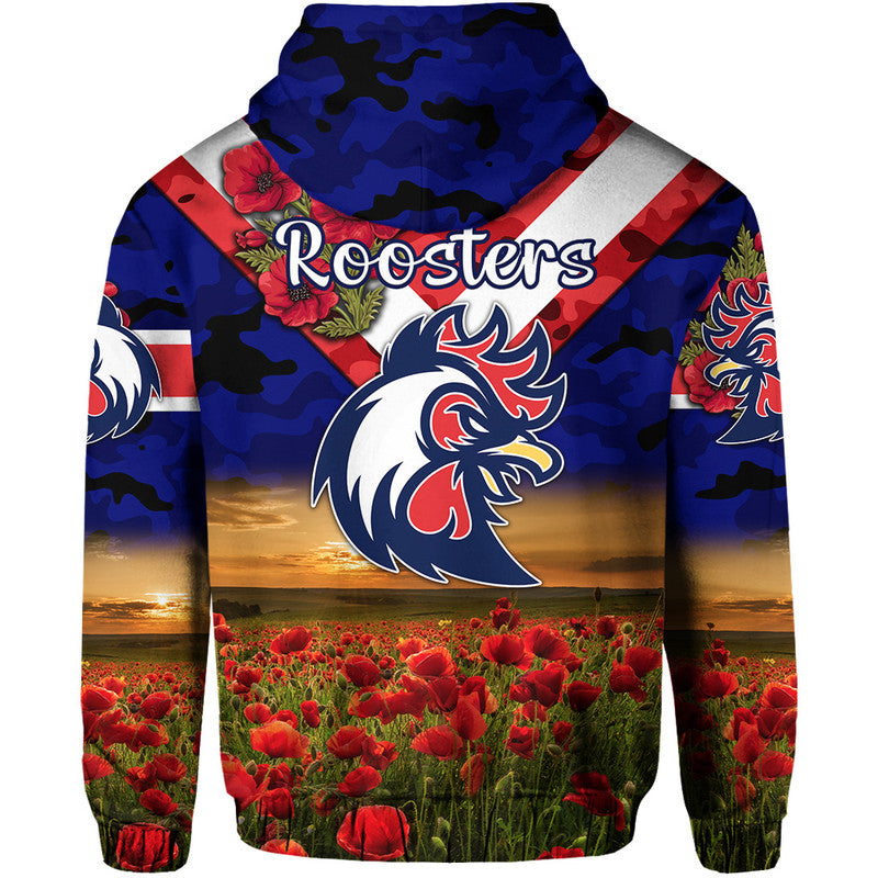 Sydney Roosters ANZAC 2022 Zip Up And Pullover Hoodie Poppy Flowers Vibes - Blue LT8