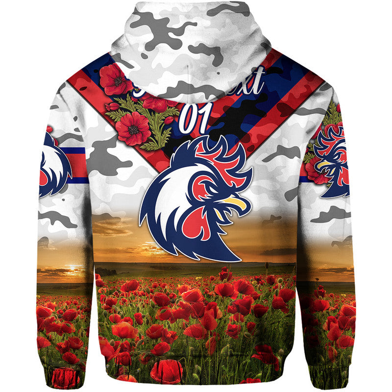 (Custom Personalised) Sydney Roosters ANZAC 2022 Zip Up And Pullover Hoodie Poppy Flowers Vibes - White LT8