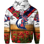 (Custom Personalised) Sydney Roosters ANZAC 2022 Zip Up And Pullover Hoodie Poppy Flowers Vibes - White LT8