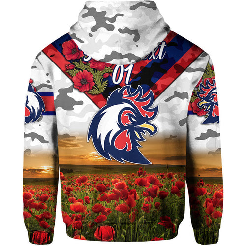 (Custom Personalised) Sydney Roosters ANZAC 2022 Zip Up And Pullover Hoodie Poppy Flowers Vibes - White LT8