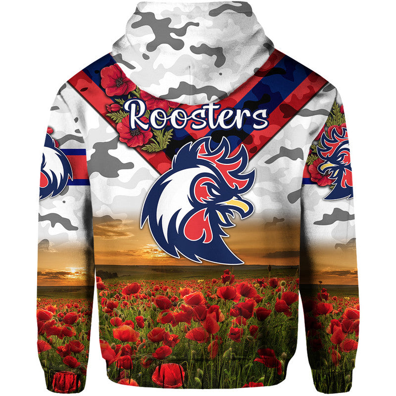 Sydney Roosters ANZAC 2022 Zip Up And Pullover Hoodie Poppy Flowers Vibes - White LT8