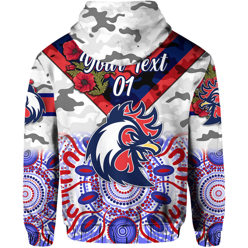 (Custom Personalised) Sydney Roosters ANZAC 2022 Zip Up And Pullover Hoodie Indigenous Vibes - White LT8