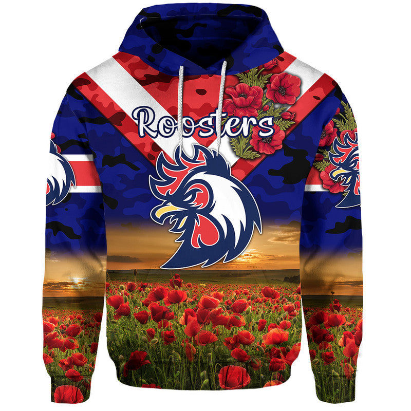(Custom Personalised) Sydney Roosters ANZAC 2022 Zip Up And Pullover Hoodie Poppy Flowers Vibes - Blue LT8