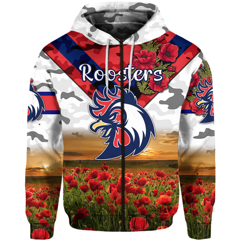(Custom Personalised) Sydney Roosters ANZAC 2022 Zip Up And Pullover Hoodie Poppy Flowers Vibes - White LT8