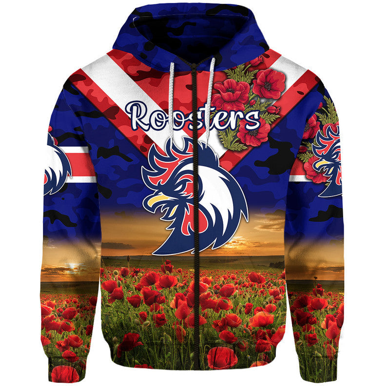 (Custom Personalised) Sydney Roosters ANZAC 2022 Zip Up And Pullover Hoodie Poppy Flowers Vibes - Blue LT8